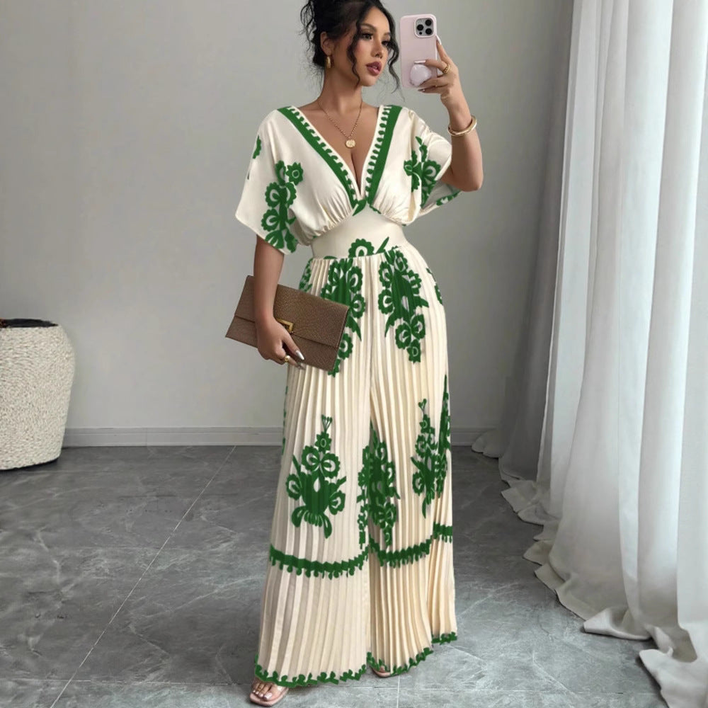 Pleated Printed Deep V-Neck Short Sleeve Wide Leg Jumpsuit