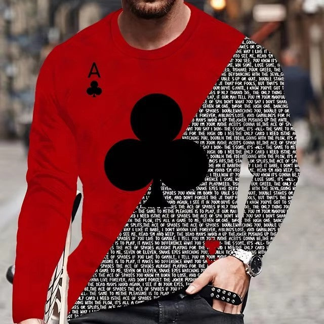 Men's Hip-Hop 3D Striped/Solid Playing Card Letter Digital Print Long Sleeve T-Shirt