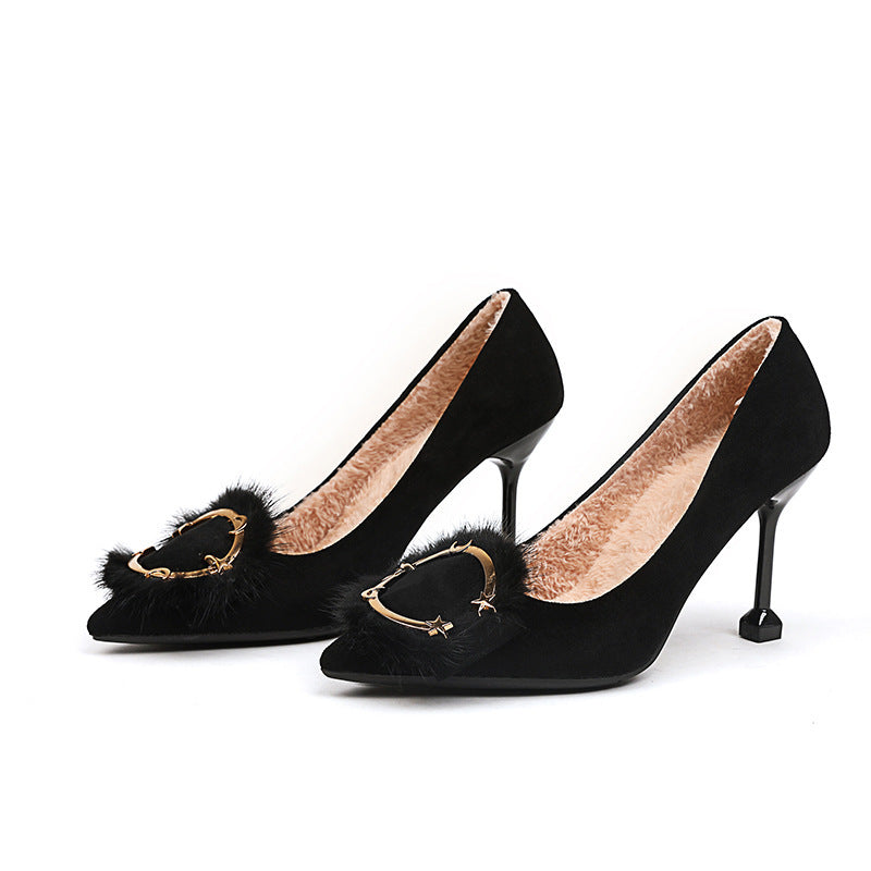 Faux Fur Gold Pendant Design Women's Pointed Toe High Heel Pumps