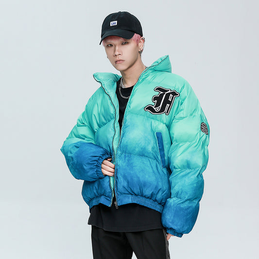 Men's Colorblock Letter Print Hip-Hop Padded Puffer Bomber Zipper Varsity Jacket