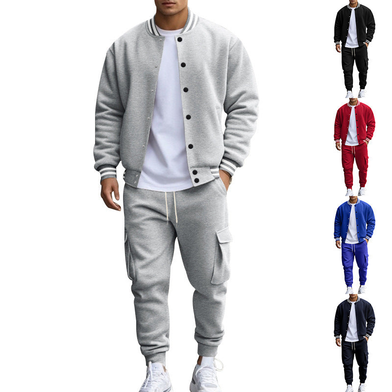 Men's Striped Stand Collar Fleece Lined Button-Up Baseball Bomber Jacket + Multi-Pocketed Cargo Sweatpants Tracksuit