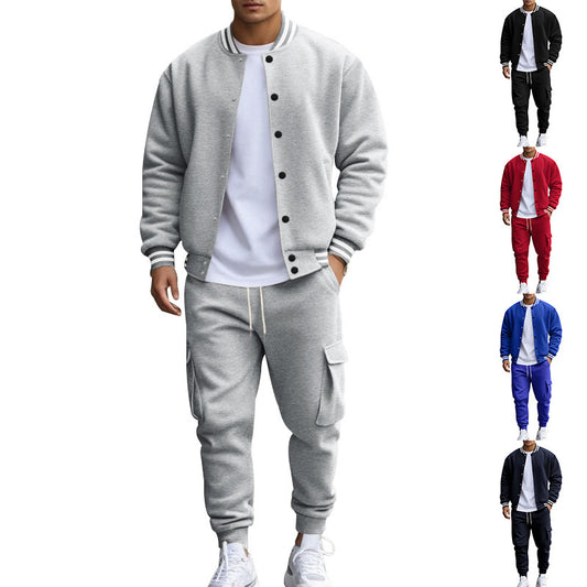 Men's Striped Stand Collar Fleece Lined Button-Up Baseball Bomber Jacket + Multi-Pocketed Cargo Sweatpants Tracksuit