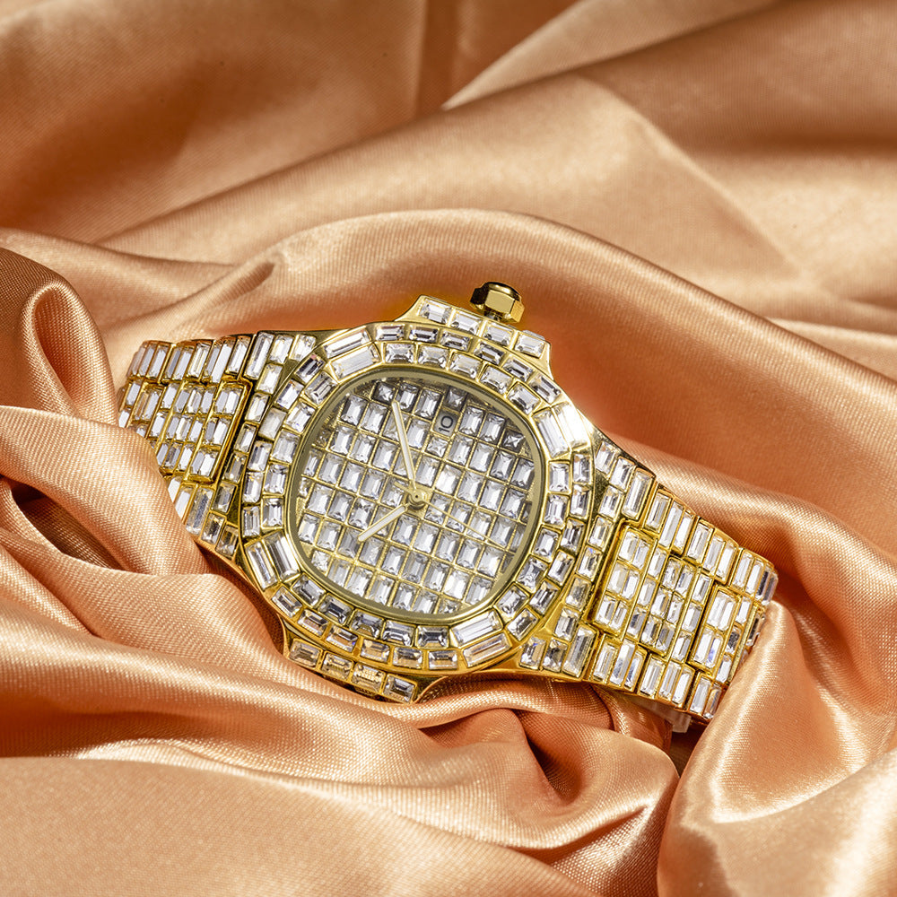 Men's Sparkling Iced Out Square Hot Drill Diamond Gold/Silver High Grade Waterproof Calendar Watch