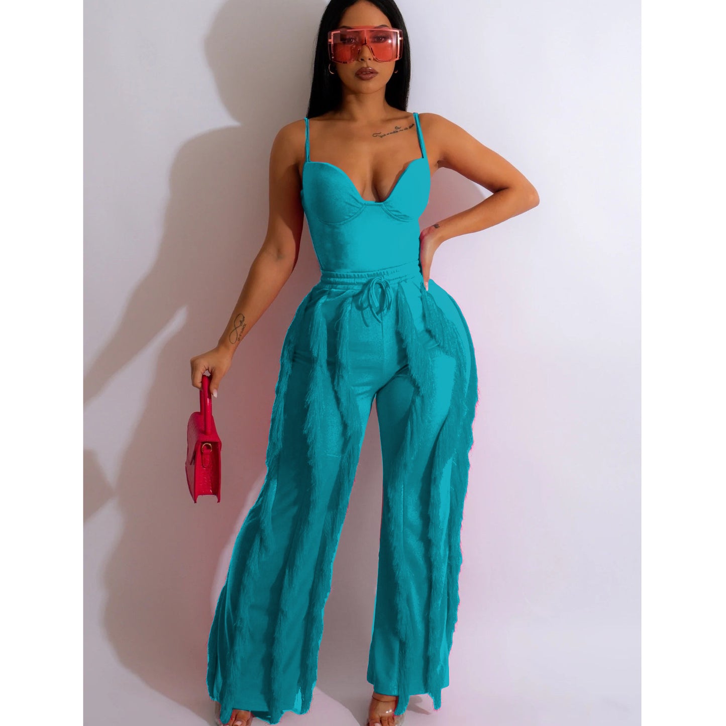 Solid Color V-Neck Tank Top + Tassel Fringe Pants Women's 2-Piece Set
