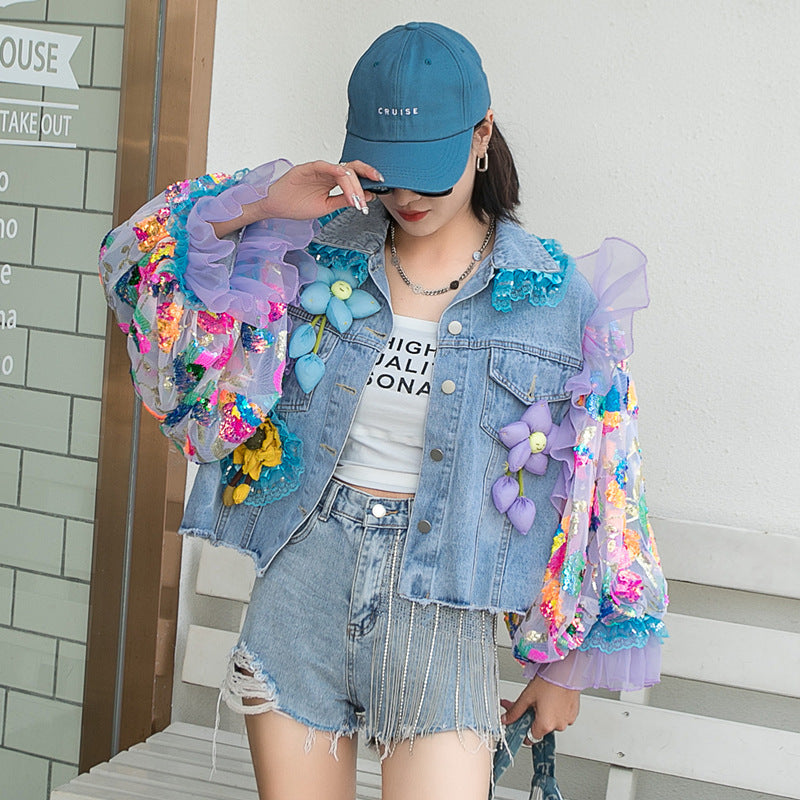 Denim Sheer Floral Sequined Embroidered 3D Women's Streetwear Hip-Hop Jean Jacket