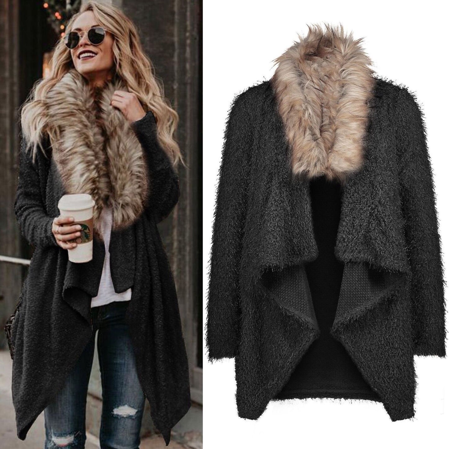Cashmere Women's Faux Fur Collar Long Sleeve Cardigan Maxi Sweater
