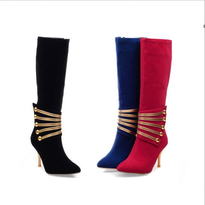 Stud Gold Strap Design Pointed Toe Side Zipper Women's Knee-High Boots