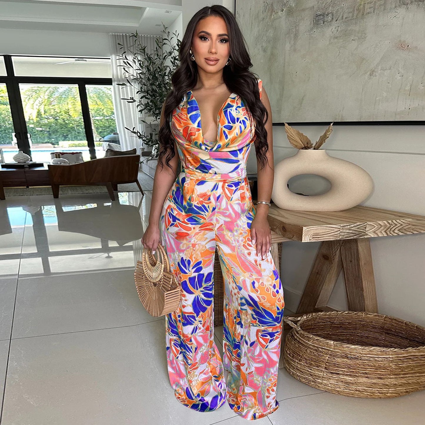 Tropical Print Deep V-Neck Women's Sleeveless Hollow-Out, Lace-Up Back Wide Leg Jumpsuit