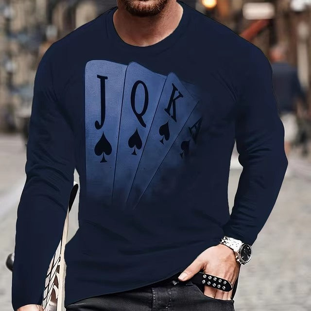 Men's Hip-Hop 3D Striped/Solid Playing Card Letter Digital Print Long Sleeve T-Shirt