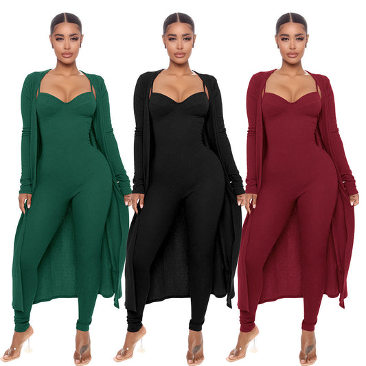 Solid Color Women's Open Maxi Cardigan + Cami Spaghetti Strap V-Neck Jumpsuit 2-Piece Set