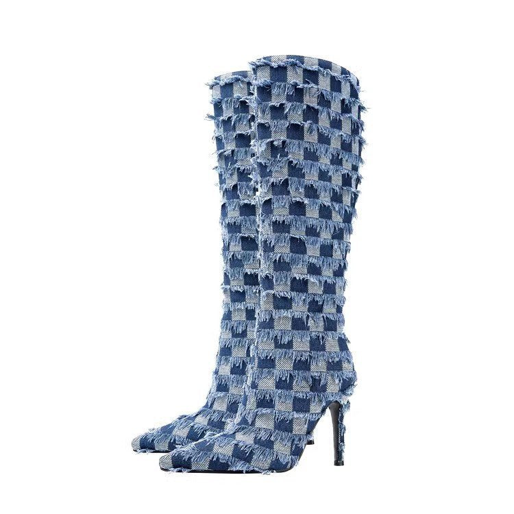 Denim Blue Colorblock Chessboard Plaid Print Ripped Fringe Design Women's Stiletto Heel Knee-High Jean Boots
