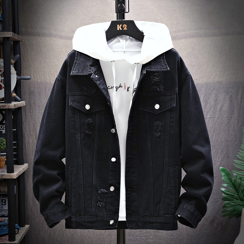 Men's Denim Ripped Gradient/Solid Loose Hip-Hop Button-Up Jean Jacket