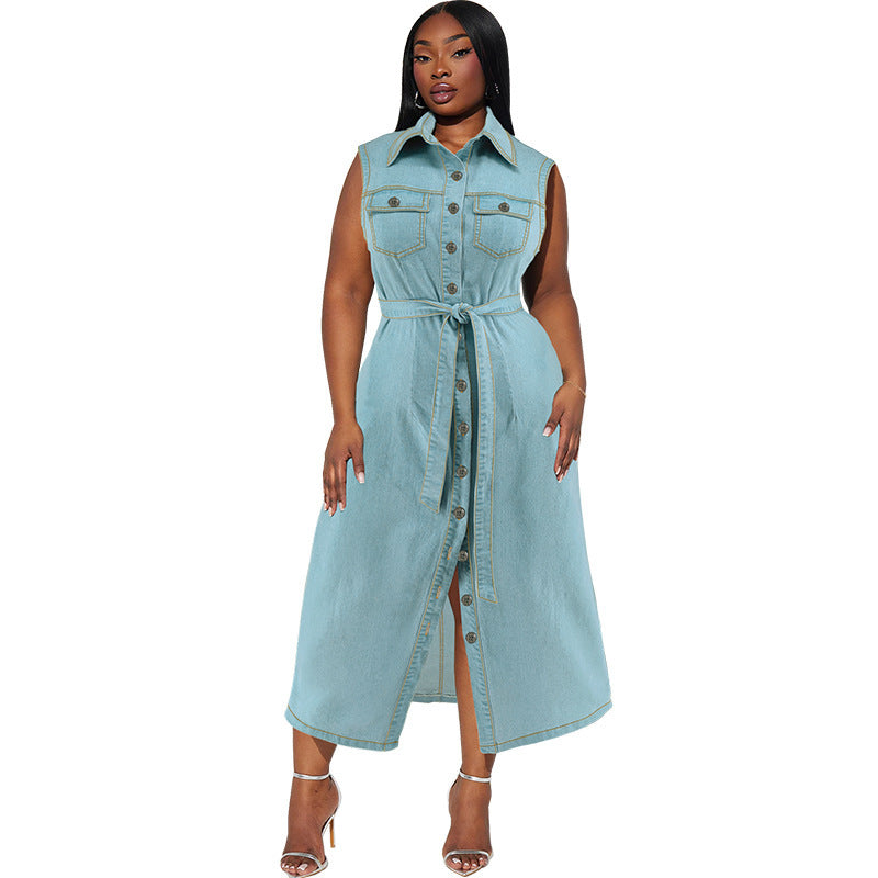 Denim Sleeveless Light Blue Washed Turn-Down Collar Button-Up Sash Belt Maxi Jean Dress to 5X Plus Size