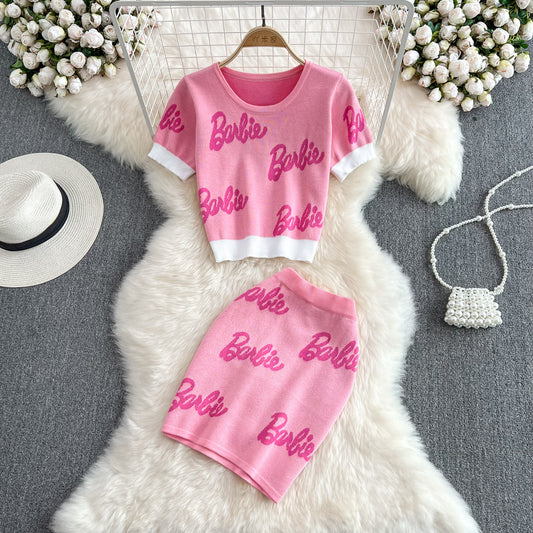 Pink "Barbie" Print U-Neck Knitted Short Sleeve Cropped Sweater+ Mini Skirt Women's 2-Piece Set