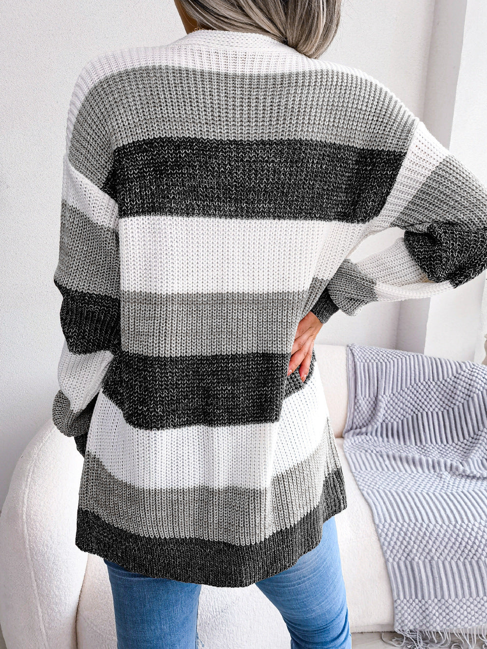 Striped Ribbed Women's Lantern Sleeve Cardigan Sweater