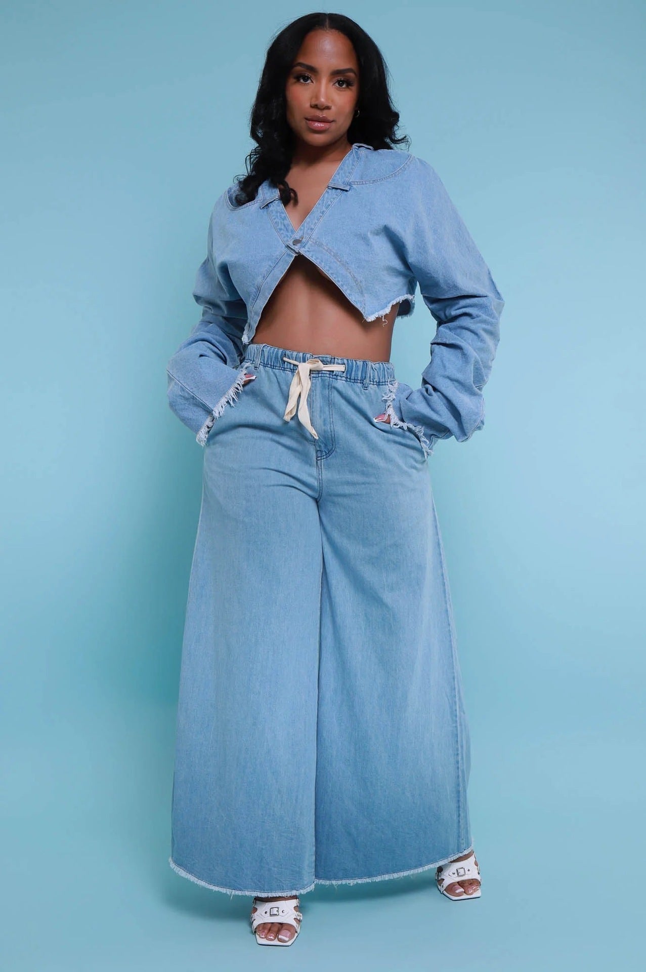 Blue Denim Ripped Hem Single Button Long Sleeve Jean Crop Top + Elastic Waist Drawstring Wide Leg Jeans Women's 2-Piece Set