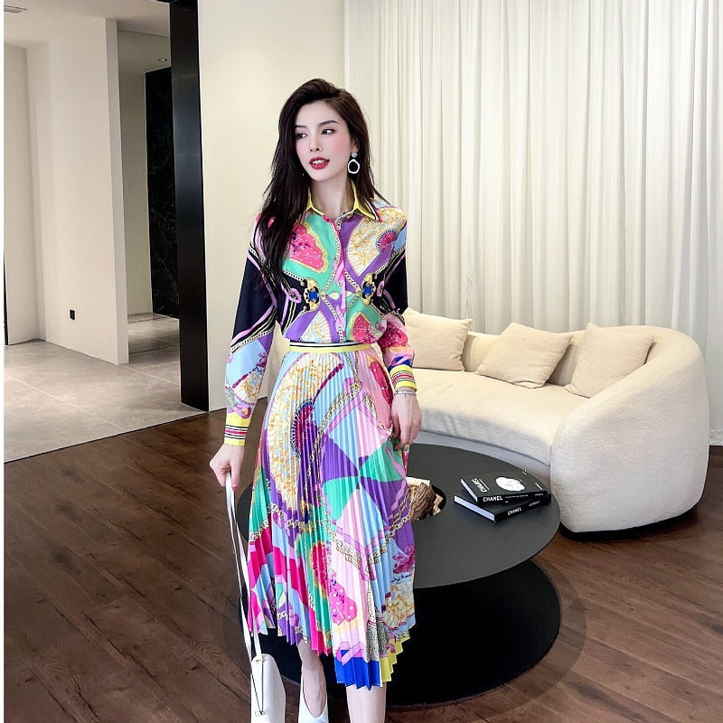 Baroque Chain Print Long Sleeve Women's Turn-Down Collar Blouse + Pleated Midi Skirt Two Piece Set