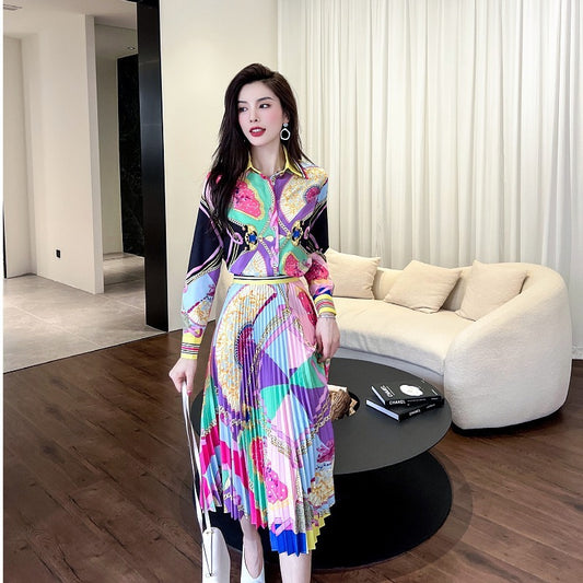 Baroque Chain Print Long Sleeve Women's Turn-Down Collar Blouse + Pleated Midi Skirt Two Piece Set