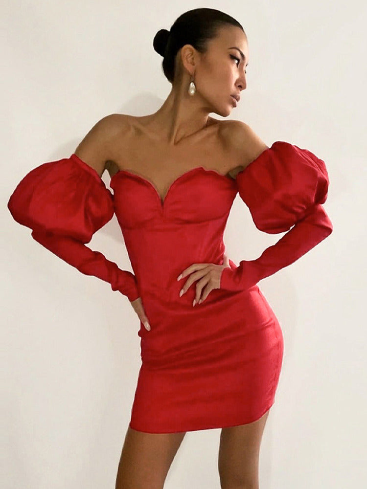 Red Off-the-Shoulder Deep V-Neck Ruched Puff Sleeve Corset Top Formal Mini Dress