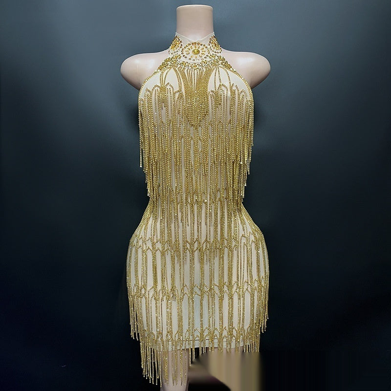 Transparent Sheer Hot Drill Diamond Tassel Fringe Chain Design Backless Sleeveless Formal Mini Party/Prom Dress