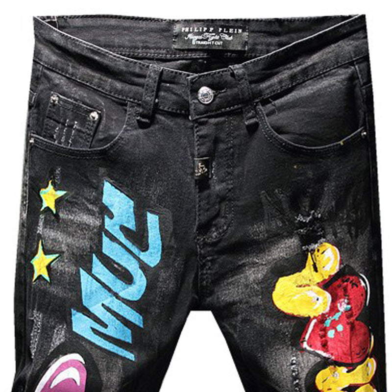Men's Denim Black Faded Painted Airbrush Graffiti Heart Print Skinny Jeans