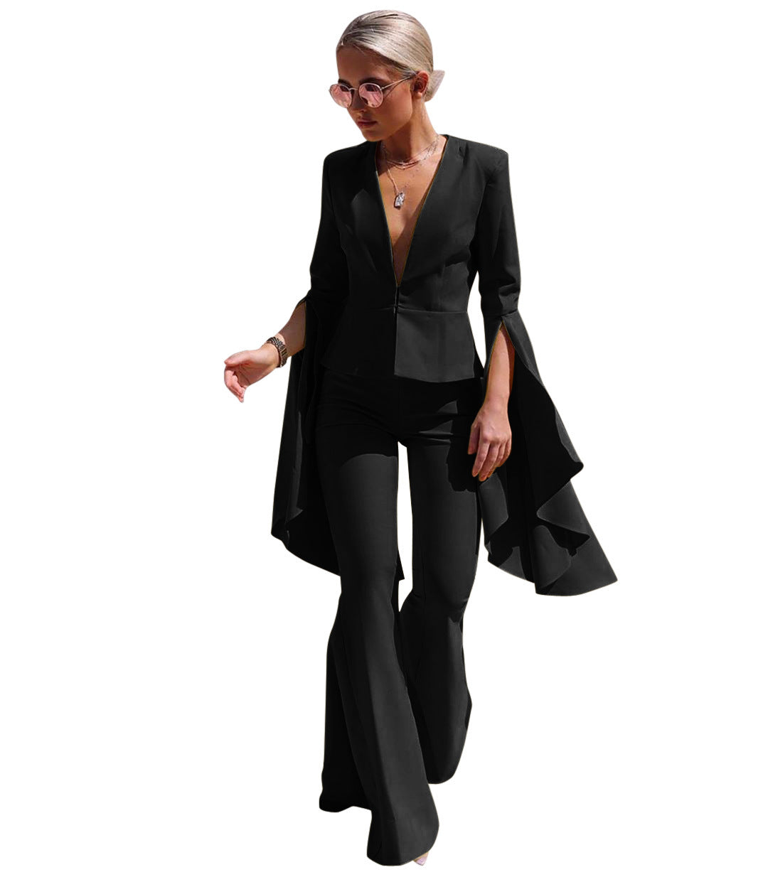 Irregular Oversized Split Ruffle Sleeve Women's Blazer Jacket + Flared Pants Suit to 3X Plus Size