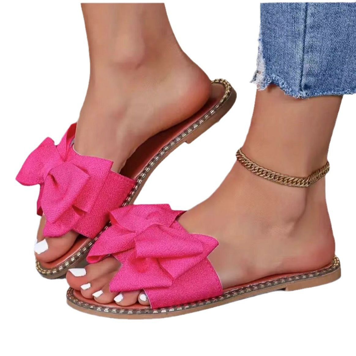 Rhinestone Bowknot Women's Cloth Flat Sandals
