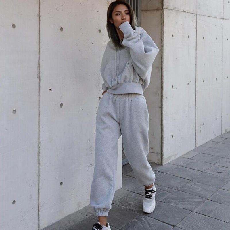 Solid Color Women's Casual Hoodie + Sweatpants Tracksuit