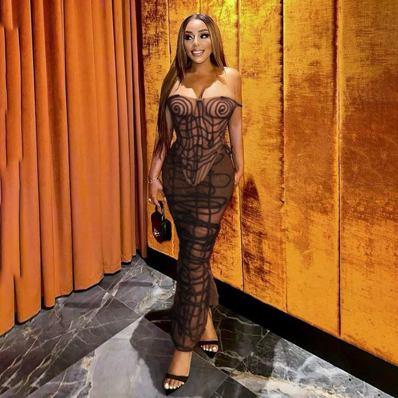 Abstract Striped Design Sheer Transparent Bustier Crop Tank Top + Maxi Skirt 2-Piece Set