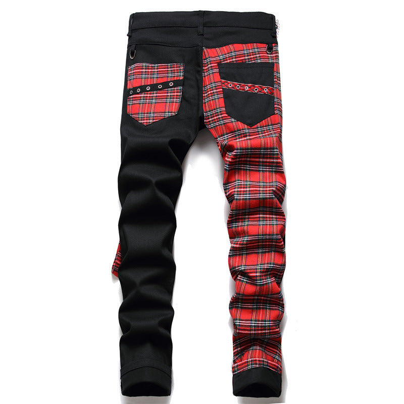 Men's Irregular Plaid Patchwork Black/Red Zipper Design Panelled Colorblock Straight Leg Hip-Hop Skinny Jeans