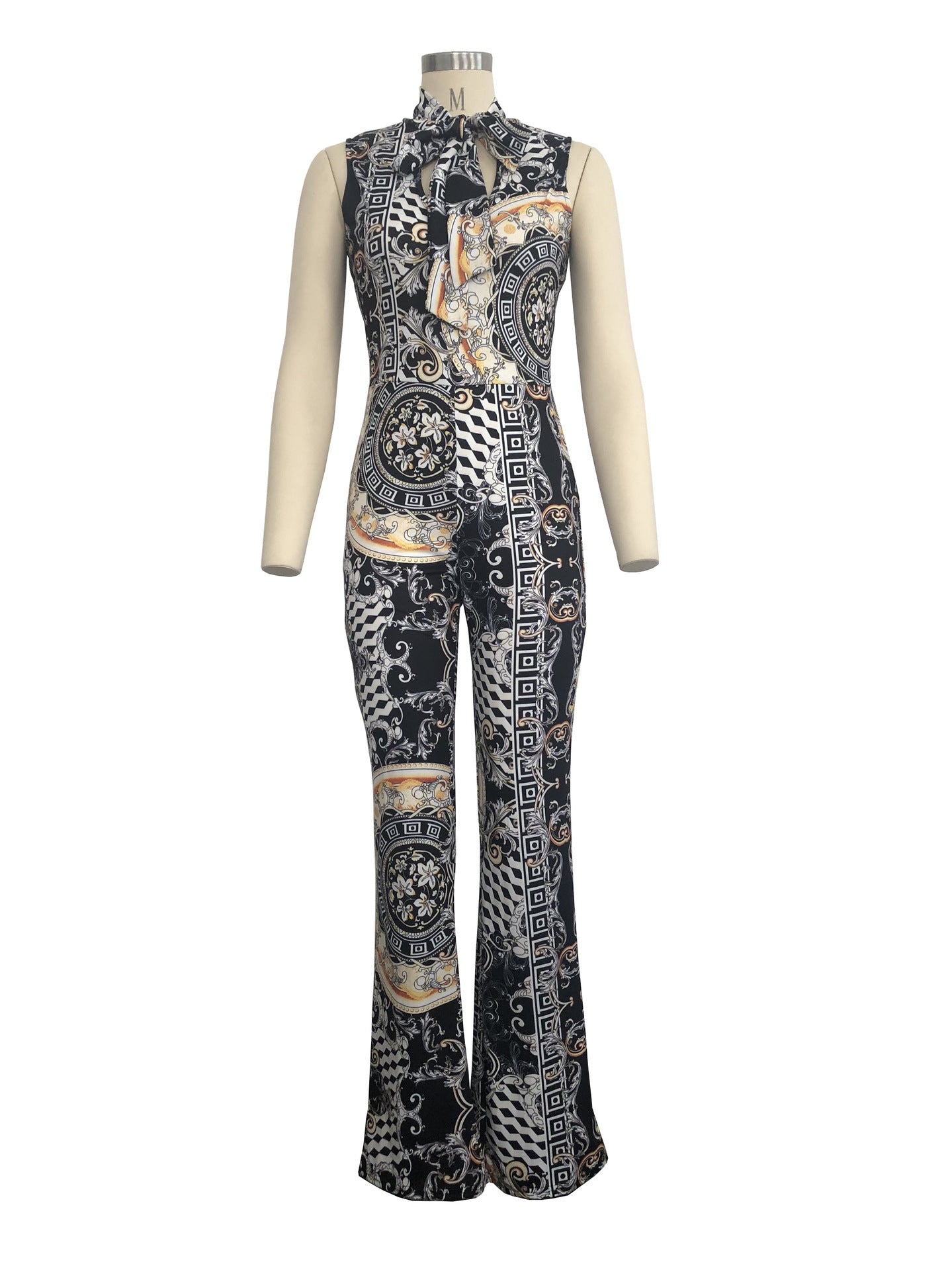 Baroque Yellow/White/Black Print Sleeveless Cut-Out Neckline Women's Jumpsuit