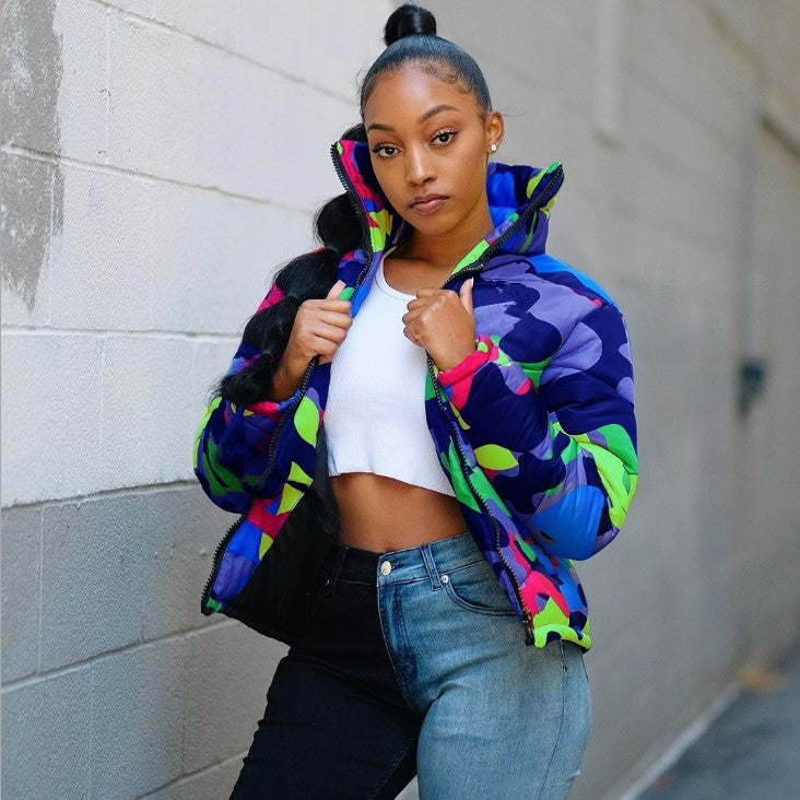 Camoflauge Print Stand Collar Streetwear Unisex Zipper Bomber Puffer Jacket