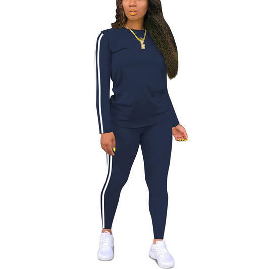 Side Striped Fitness O-Neck Women's Long Sleeve Top + Skinny Sweatpants 2-Piece Set