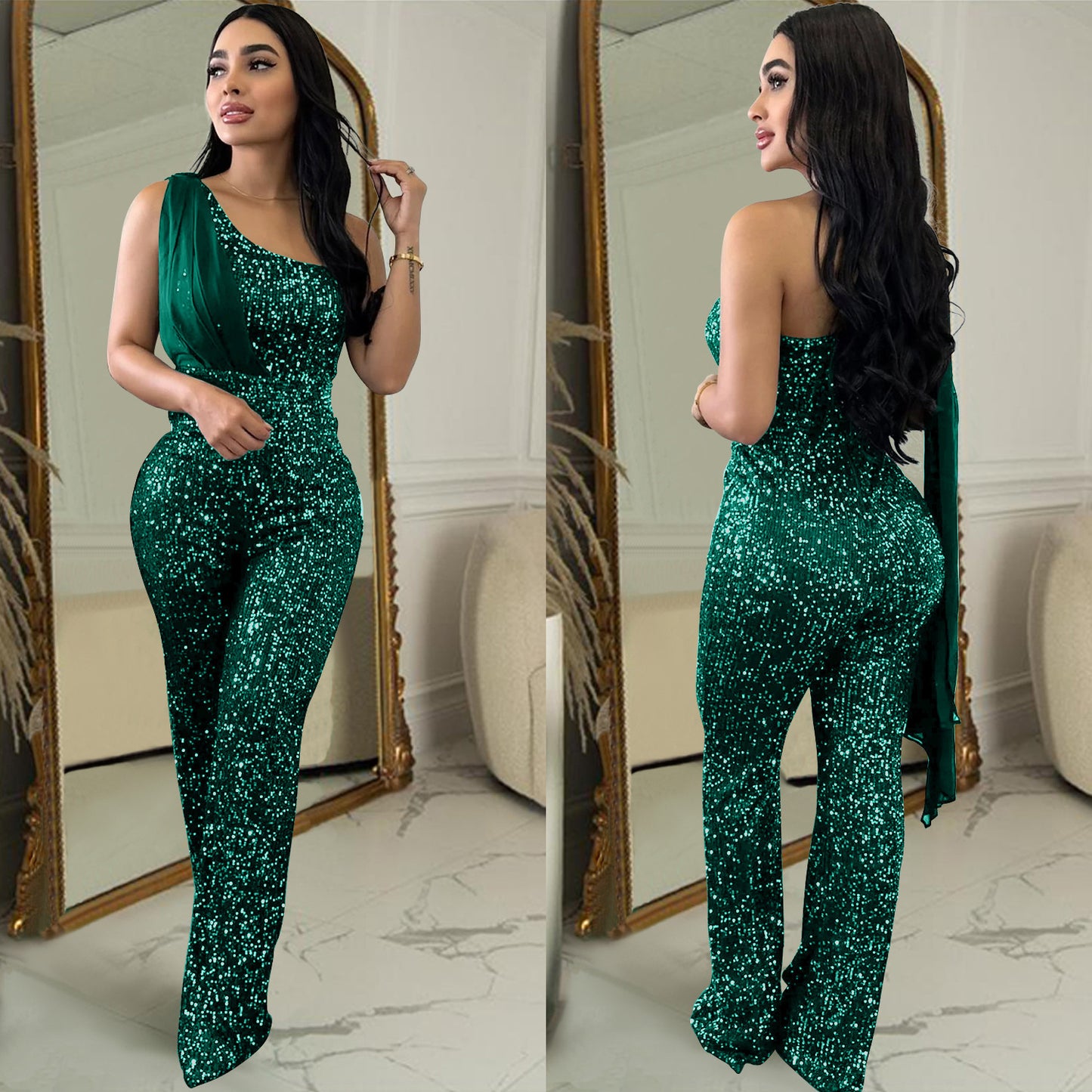 Sequin Glitter Asymmetrical Women's Solid Color Sleeveless One Shoulder Jumpsuit