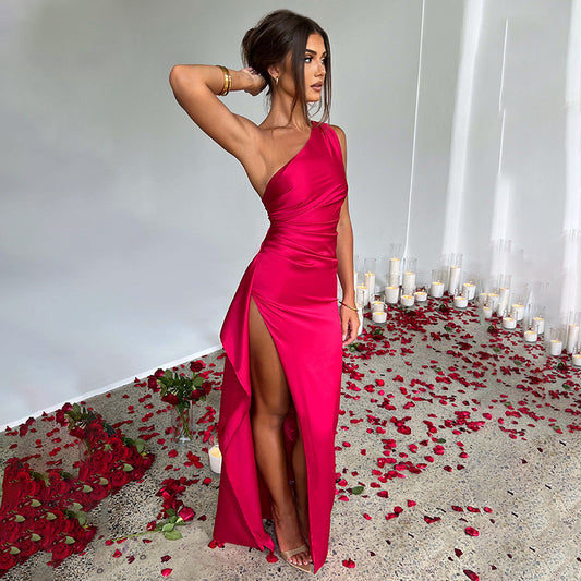 Satin Asymmetrical One-Shoulder Backless High Slit Solid Color Formal Party Prom Maxi Dress