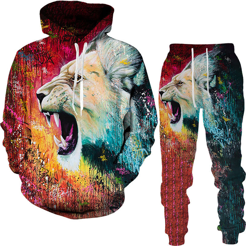 Men's 3D Lion King Print Drawstring Hoodie Sweatshirt + Sweatpants Tracksuit