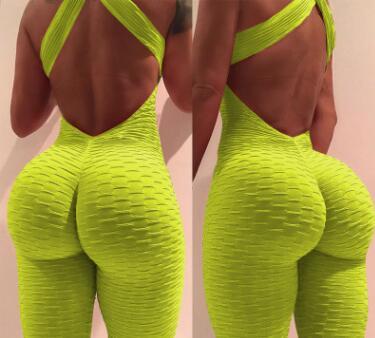 Texturized Criss-Cross Design Backless Ruched Fitness Workout Gym Jumpsuit