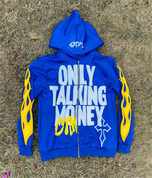 Men's "ONLY TALKING MONEY" Flame Letter Print Hip-Hop Zipper Hoodie Sweatshirts