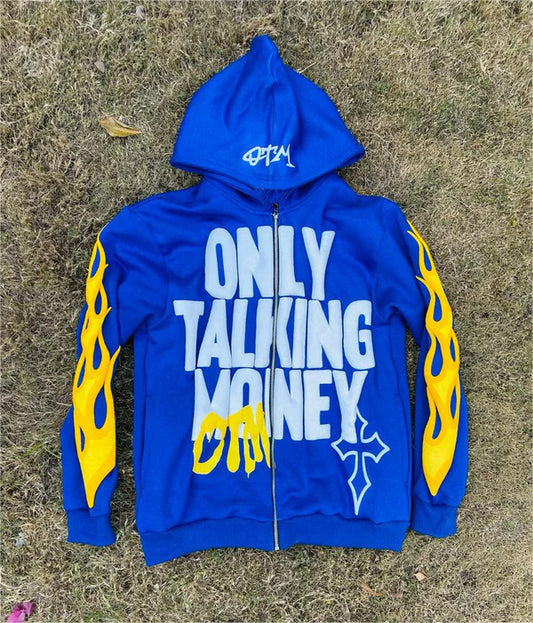 Men's "ONLY TALKING MONEY" Flame Letter Print Hip-Hop Zipper Hoodie Sweatshirts