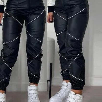Solid Color PU Leather Ruched Women's Multi-Pocketed Patchwork Skinny Trouser Cargo Pants