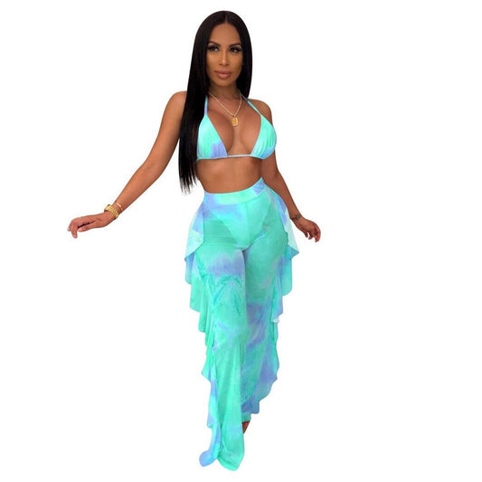 Mesh Transparent Butterfly/Tie-Dye/Leopard Print Bikini Top + Tassel Fringe Design Pants Women's 2-Piece Set