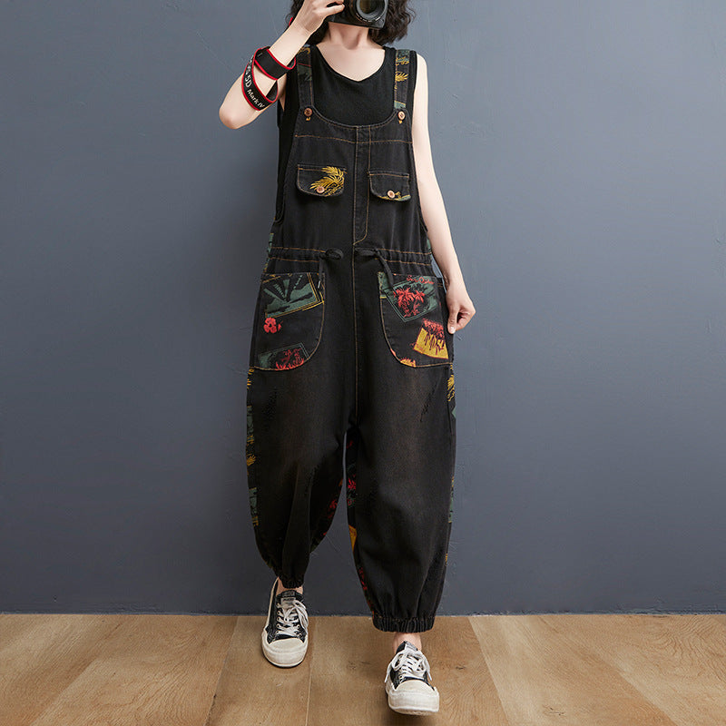 Denim Women's Floral Print Baggy Streetwear  Suspender Jean Overall Jumpsuit