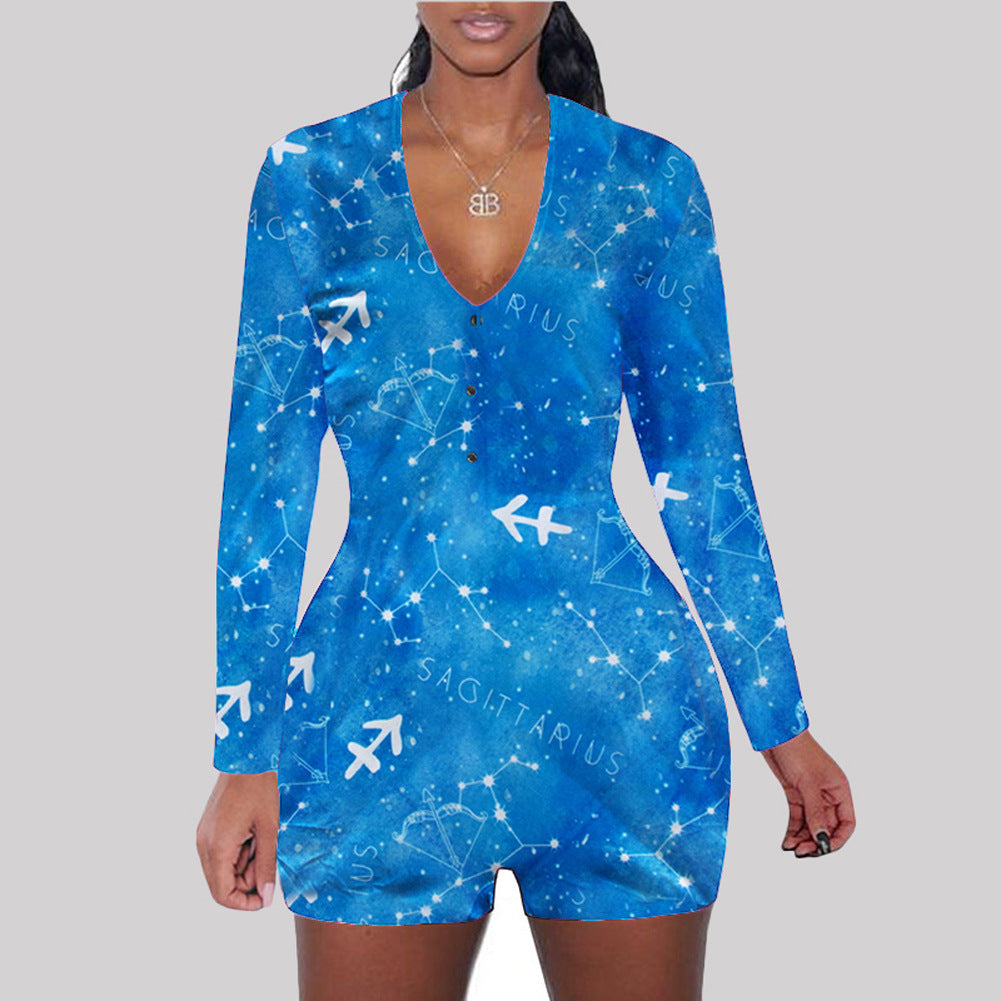 Astronomy Print Long Sleeve V-Neck Bodycon Women's One Piece Shorts Romper