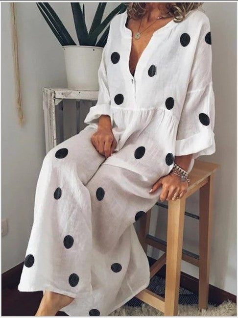Polka Dot Print Women's Deep V-Neck Long Sleeve Jumpsuit to 5X Plus Size