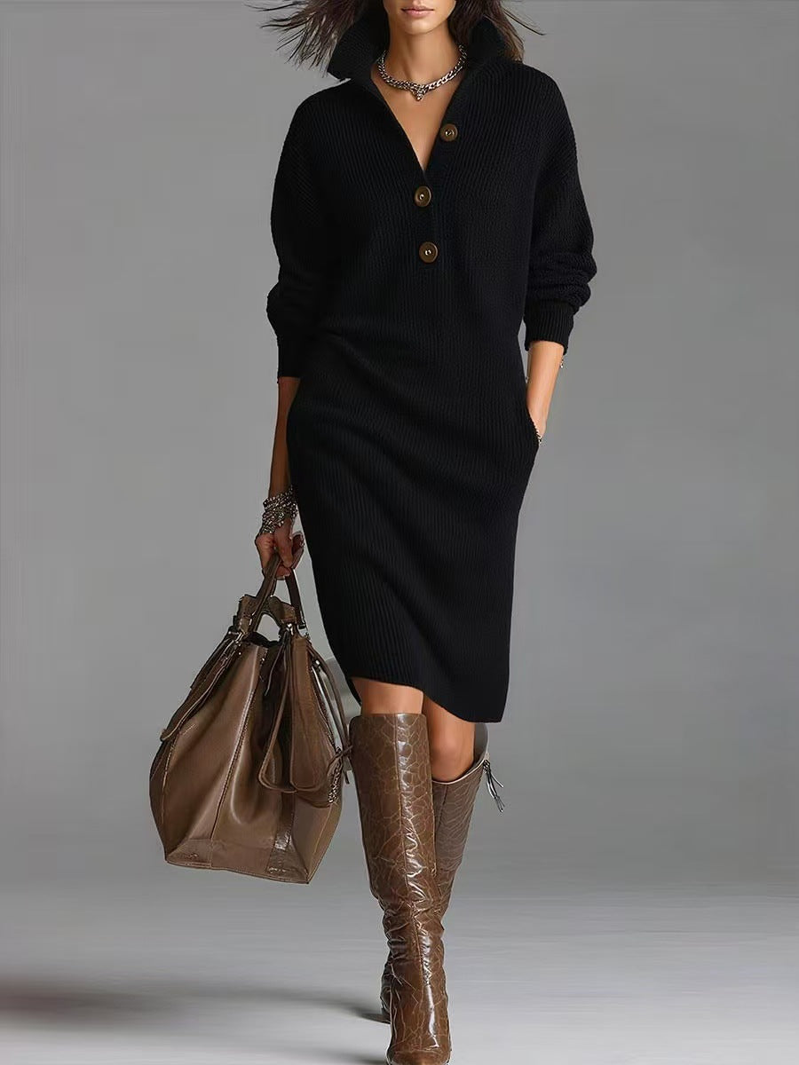 Knitted Button-Up Long Sleeve Stand Turn-Down Collar Pullover Sweater Dress to 3X Plus Size