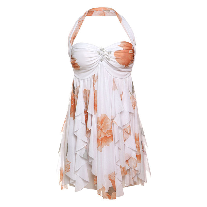 Halter Neck Backless  Printed Irregular Mesh Mini Dress
