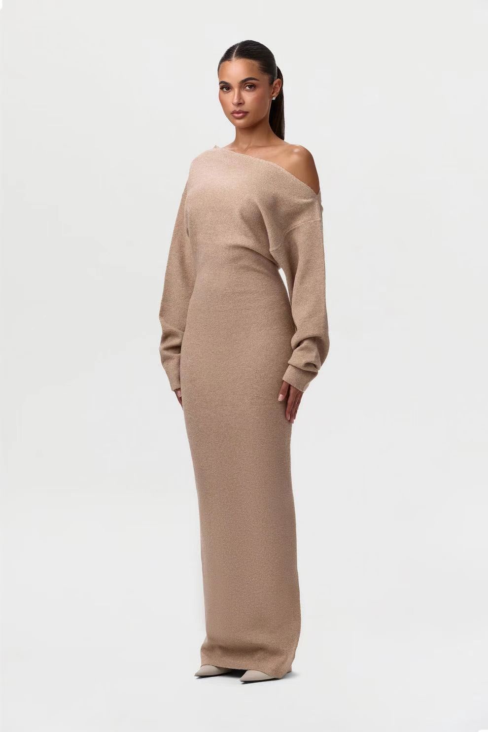 Knitted Skinny Fit Long Sleeve Off-the-Shoulder Solid Color Bodycon Maxi Dress