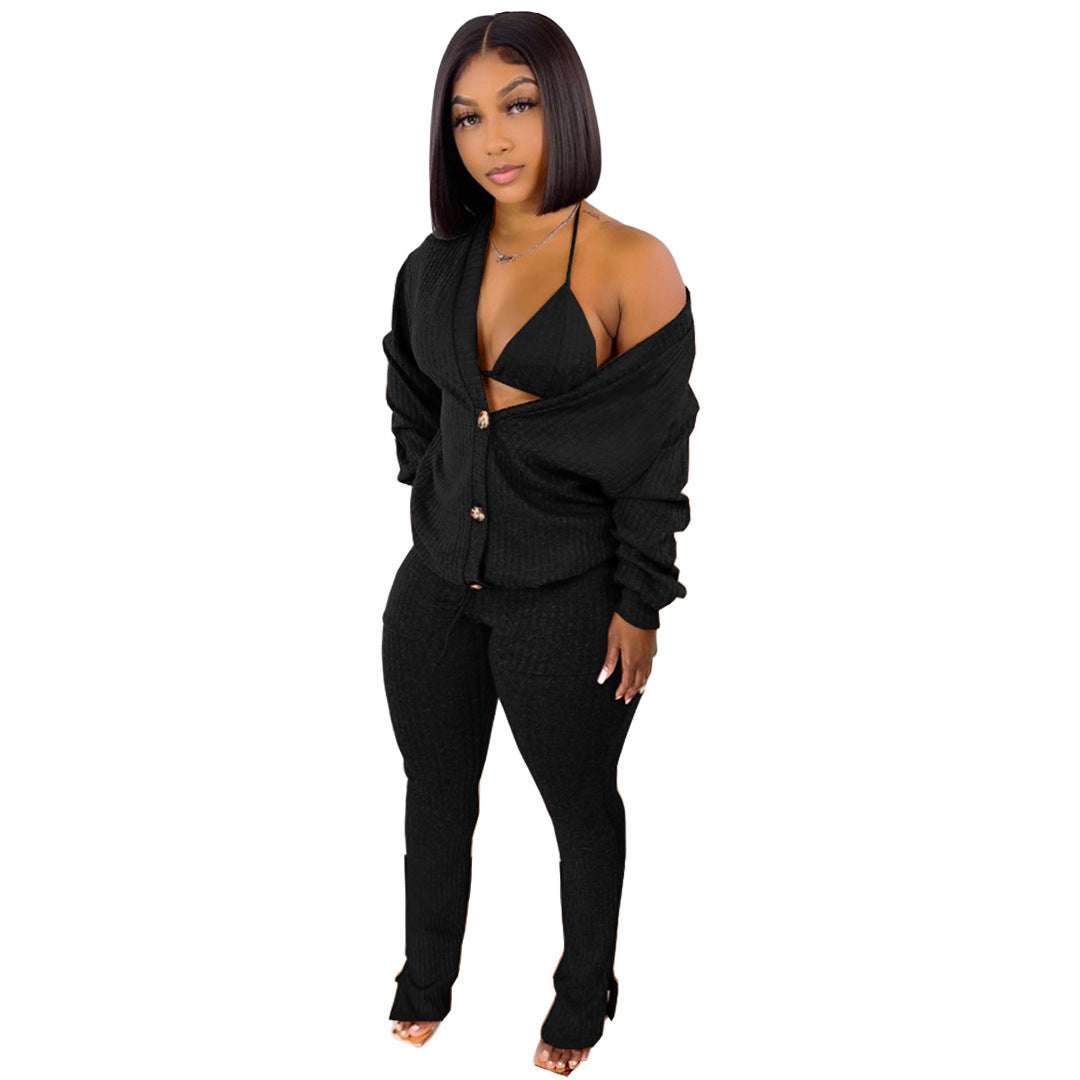 Ribbed Button-Up Women's Cardigan Pocketed Sweater + Matching Bra + Leggings 3-Piece Set