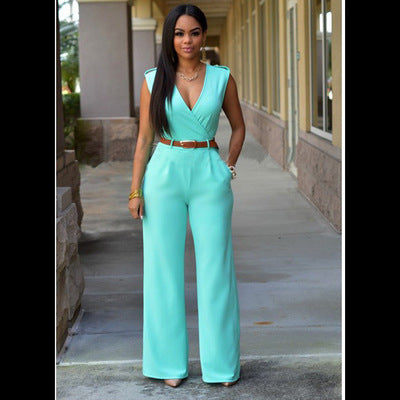 Ruched Sleeveless Deep V-Neck Solid Color Women's Jumpsuit