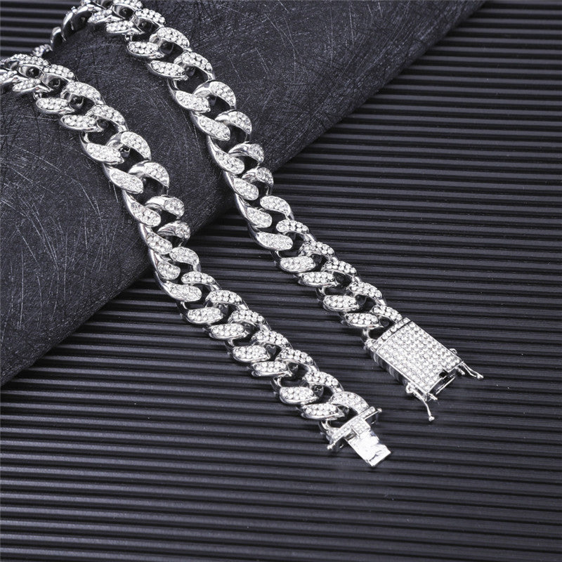 Gold or Silver Hip-Hop Full Diamond Thick Cuban Chain Necklace, Square Diamond Pendant Chain Necklace Bracelet, Watch & Diamond Ring 5-Piece Jewelry Set